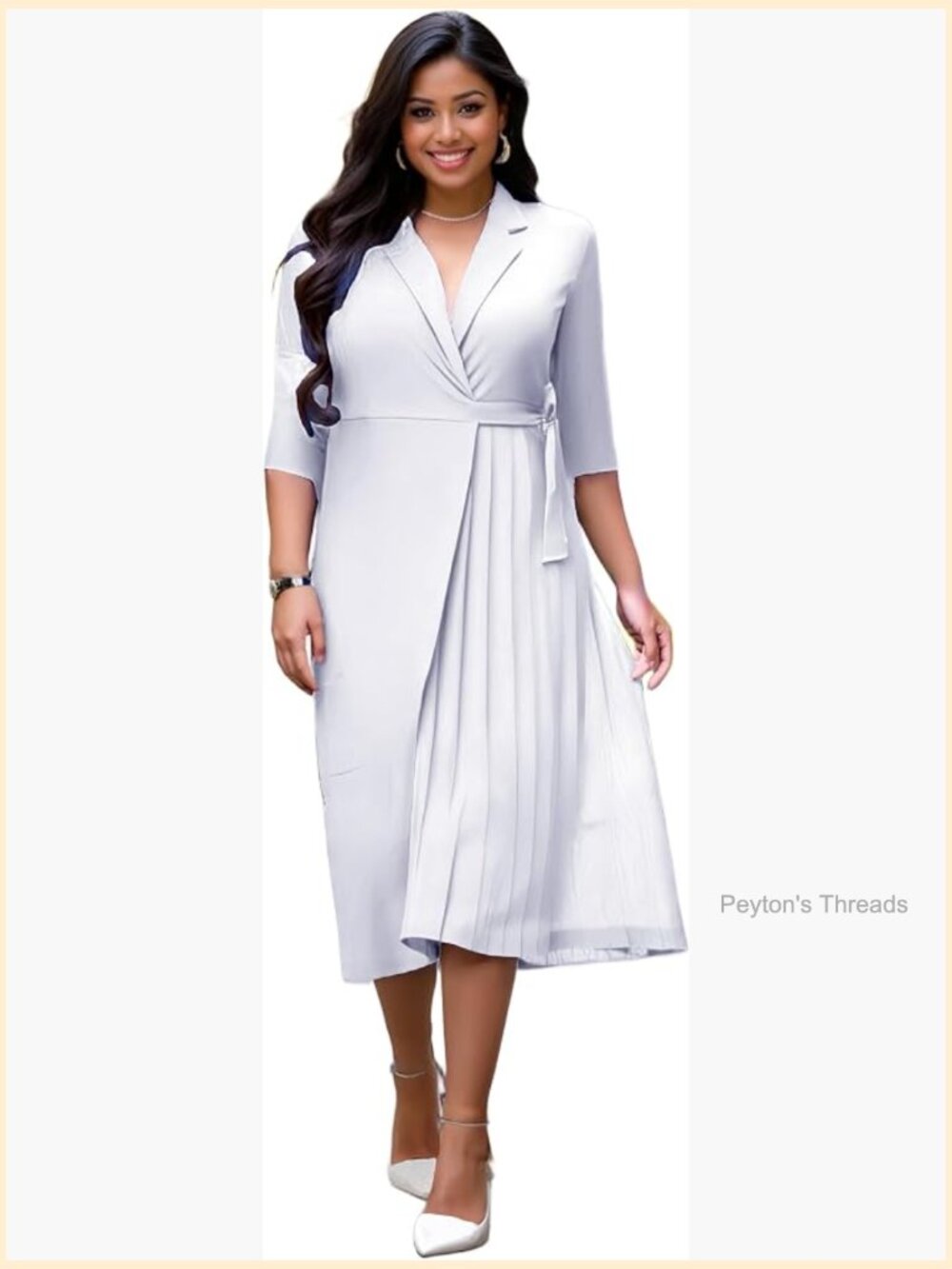 Plus Size Wrap Dress Elegant Pleated Midi Suit Collar 3/4 Sleeve Belted Casual